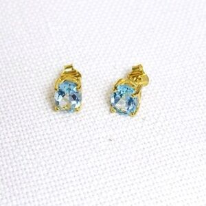 Savvy Cie 18K Gold Plated Blue Topaz Oval Stud Earrings New